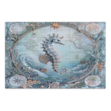 Imagem de Quebra-cabeça vintage cavalo marinho de 500 peças para adultos, peça grande, quebra-cabeça com letras na parte de trás