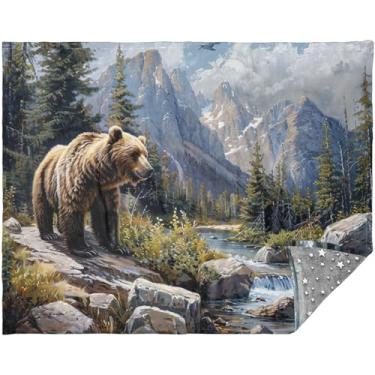 Imagem de Cobertores e mantas de paisagem de urso pardo personalizados para adultos cobertores macios para mulheres 177,8 cm x 139,7 cm cobertor rosa cinza