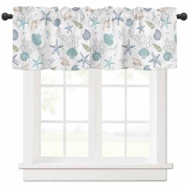 Imagem de Sanefas de estrelas do mar oceânicas para janelas, saia curta com bolso para varão, cortinas de cozinha para quarto, banheiro, sala de estar, concha do mar de verão, tratamento de janela pequena, 1