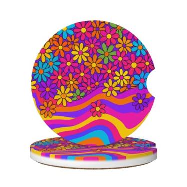 Imagem de FeHuew Conjunto de porta-copos de cerâmica floral hippie margarida arco-íris 2 peças universais antiderrapantes absorventes de dedo para decoração de bebidas