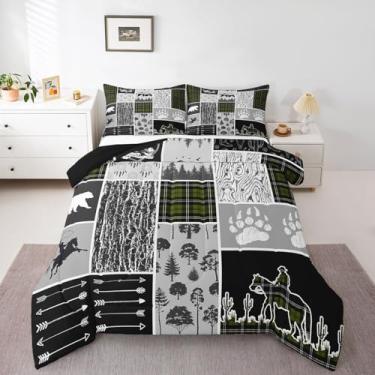 Imagem de Erosebridal Conjunto de edredom rústica, Queen, caubói ocidental, para decoração de quarto ocidental, verde sálvia, quadriculado, xadrez, urso, vida selvagem, caça, 3 peças