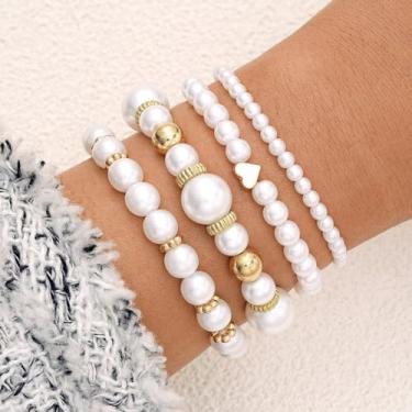 Imagem de Pulseira feminina de pérolas simuladas com contas de pérola branca empilhável conjunto de pulseiras elásticas multicamadas pulseira de pérolas femininas joias de noiva de dama de honra