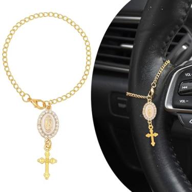 Imagem de AuMoHall 2 peças acessório de pingente de rosário de volante, pingente de rosário católico com Virgem Maria e crucifixo para decoração de pendurar no espelho retrovisor de carro, dourado com branco