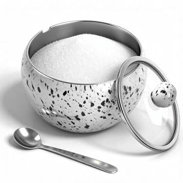 Imagem de holoith Recipiente de açúcar com tampa de vidro e colher, açucareiro de aço inoxidável padrão floco de neve de 473 ml para cafeteria, acessórios de estação, armazenamento de cozinha para sal, doces