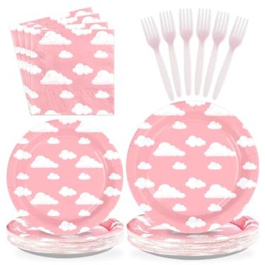 Imagem de Greencian 96 peças céu rosa nuvens brancas suprimentos de festa desenhos animados histórias pratos e guardanapos descartáveis nuvens temáticas conjunto de utensílios de mesa para meninas aniversário
