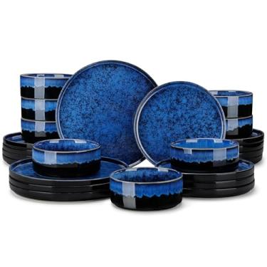 Imagem de vancasso Conjunto de pratos e tigelas estrelados para 8, 24 peças de louça azul para cozinha, conjunto de pratos de grés moderno, seguro para lava-louças e micro-ondas