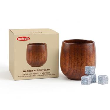 Imagem de Hufopik 1 peça de copos de uísque de madeira, 4 peças de pedras de uísque, presentes de vidro de bourbon para homens, copos de degustação de bourbon à moda antiga – presentes de padrinhos, presente de