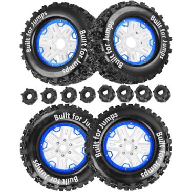 Imagem de hopsupRC RC Truck Tires 1/8 1/10 17mm Hex RC Wheel Tires for 1/10 E-Revo T-Maxx Summit Kraton Outcast Monster Truck,Hard Plastic Rubber Tyres RC Truck Tires,RC Monster Truck Car Wheels,Blue With White