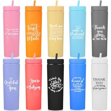 Imagem de Rtteri 10 peças presentes de agradecimento de funcionários copos de agradecimento de Natal 473 ml copos de plástico skinny com tampa e canudo para o dia de Ação de Graças, colega de trabalho, equipe