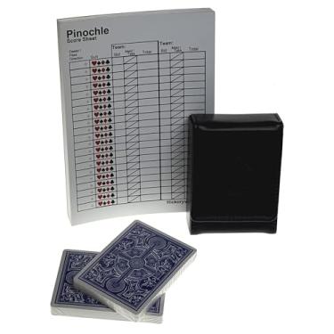 Imagem de Hickoryville Pinochle Card Game Set with Score Pad, Playing Cards & Black Leather Case | Complete Pinochle Kit with 48-Card Deck, 100-Sheet Score Sheets & Storage Case for Card Players