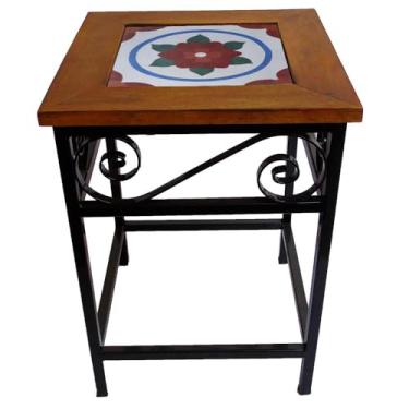 Imagem de Banco Rústico em Ferro e Madeira Maciça com Ladrilho Hidráulico – Banco Artesanal Decorativo Estilo Industrial para Cozinha, Sala e Área Gourmet (2, F1)