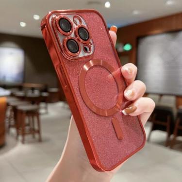 Imagem de HJZSZX Capa de celular luxuosa com carregamento sem fio e revestimento eletrolítico para iPhone 16, capa protetora macia com glitter (para iPhone 16/vermelho)