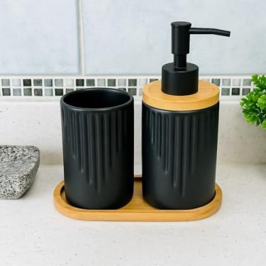 Imagem de Kit Banheiro Lavabo em Cerâmica com Dispenser para Sabonete Líquido e Porta Escova de Dente Decorativo(PRETO LINHAS V)