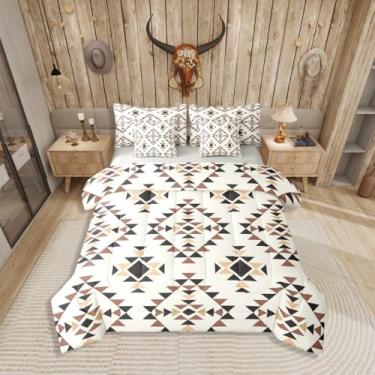 Imagem de Jogo de cama queen étnico tribal flecha, tamanho Queen, cama geométrica asteca em uma bolsa, conjunto de cama vintage do sudoeste, inclui edredom, conjunto de lençol, fronhas e fronhas, branco, marrom