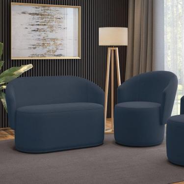 Imagem de Sofá Namoradeira E Poltrona Orgânica Para Sala Malu Suede Azul Marinho M11 - D`rossi