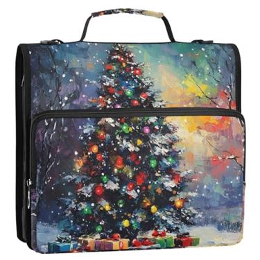 Imagem de Organizador divertido de fichário com zíper de 3,8 cm, 3 anéis, anel D, árvore de Natal, luzes coloridas, estojo de armazenamento com alça e alça de ombro para escola