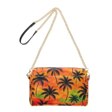 Imagem de Joitme Bolsa feminina tropical com palmeiras laranjas e vermelhas, bolsa tiracolo para celular, linda bolsa de ombro de couro PU, alça de corrente
