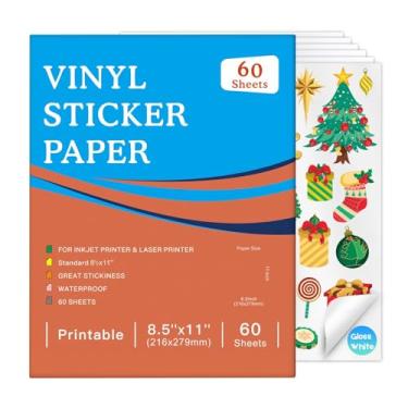 Imagem de Papel adesivo de vinil imprimível premium, branco brilhante, 30 folhas, 21 x 28 cm, impermeável, para impressoras a jato de tinta e máquinas de corte (branco brilhante, 60 folhas)