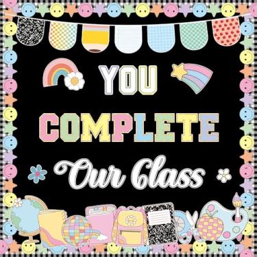 Imagem de Caderno de composição decoração de sala de aula conjunto de decoração de quadro de avisos de volta às aulas. Você completa nossos recortes de papel para o primeiro dia de aula, bem-vindo de volta à