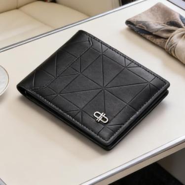 Imagem de Carteira masculina dobrável de couro curta, dobrável elegante (preta)