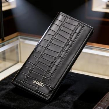 Imagem de Carteira masculina, carteira de couro longo ultrafina com relevo de crocodilo, organizador casual de alta qualidade com grande capacidade, bloqueio RFID (preto)