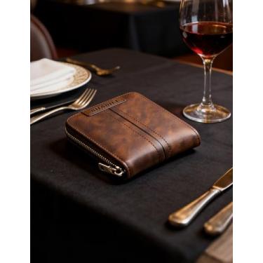 Imagem de Carteira masculina casual de couro curta com zíper, porta-cartões e dinheiro (marrom escuro)