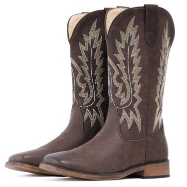 Imagem de IUV Botas de caubói femininas de bico quadrado, largas, botas de caubói de cano médio, botas de caubói bordadas, marrom, Caqui, 6.5 Wide