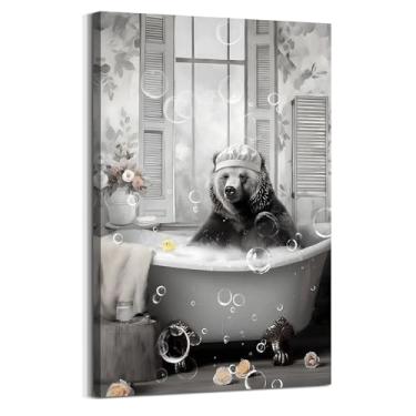 Imagem de Arte de parede em tela de banheiro engraçada: decoração de imagem de banheiro animal urso na banheira impressão arte preta e branca linda pintura de vida selvagem para decoração de casa