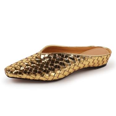 Imagem de LUXMUWA Mules tecidas femininas de couro metálico, sapatos femininos modernos, confortáveis, com bico quadrado, plataforma oculta, Dourado, 36