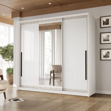 Imagem de Guarda Roupa Roupeiro 3 portas de correr 4 gavetas com Espelho Valência Branco Politorno Móveis