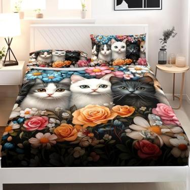 Imagem de AILONEN Jogo de lençol solteiro com desenho animado de gato fofo, flores coloridas, tema de animal kawaii, para decoração de quarto, 1 bolso profundo com 2 fronhas, microfibra macia
