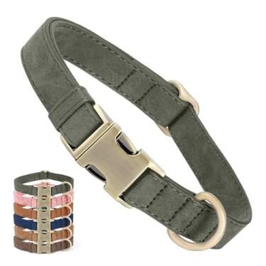 Imagem de Coleira de couro genuíno para cães – Coleira ajustável para animais de estimação com fivela de metal de liberação rápida, coleira de couro verdadeiro para cães pequenos, médios e grandes (verde escuro