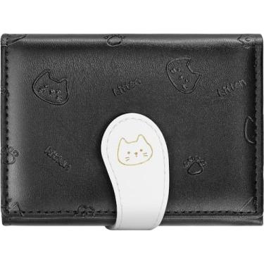 Imagem de Carteira pequena de couro PU dobrável com porta-cartões de identidade para mulheres, Preto, Gato fofo