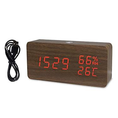 Imagem de Relógio de Alarme Digital Madeira LED com Controle por APP Exibição Temperatura Umidade e Data Eletrônico Mesa 4 Níveis Brilho Som Alimentação via USB