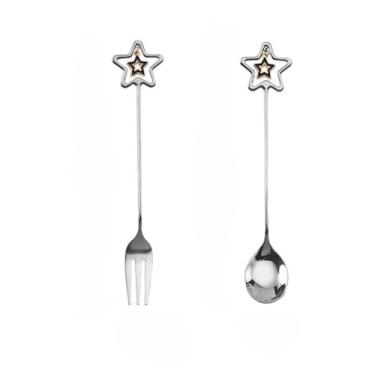Imagem de Conjunto de colher e garfo para mexedor de estrelas, duas peças, prata para café, bebidas e sobremesas diárias