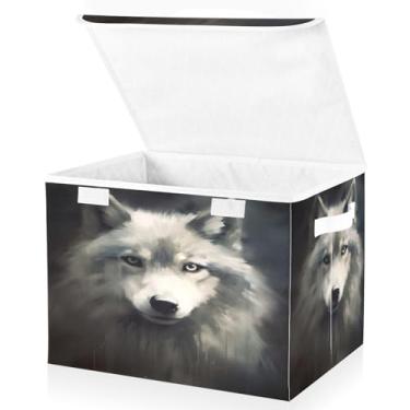 Imagem de Blueangle Cestos de armazenamento de lobo branco com tampas, 42 x 32 x 30 cm, grande cesta organizadora dobrável para decoração de casa e escritório (412)
