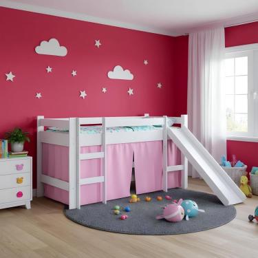 Imagem de Cama Com Colchão Solteiro Escorrega Branco E Cortina Rosa - Branco