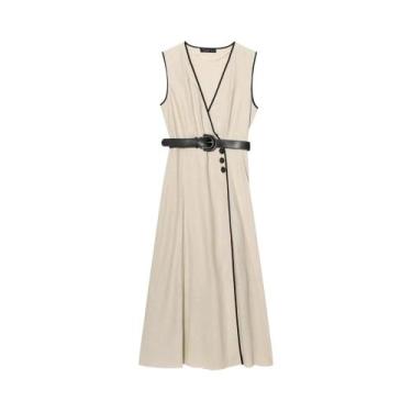 Imagem de Vestido Midi Vintage Sem Mangas Com Decote Em V E Cinto Para Mulheres,