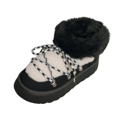 Imagem de Botas femininas curtas de salto grosso, bico redondo, alça peluda, botas de neve, casuais, quentes, Preto, 38