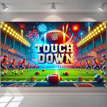 Imagem de BlissYard Touchdown Estádio Celebration Pano de fundo para fotografia de campo de futebol de 189 x 109 cm com luzes de multidão de fogos de artifício e cena de bola central para exibição de parede de