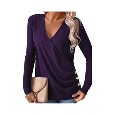 Imagem de Blusa Elegante plus Size Com Decote Em V E Botões, Camiseta De Manga L