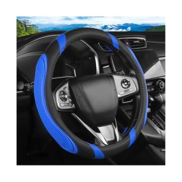 Imagem de FALVFUN Capa de volante de carro, protetor de volante antiderrapante de couro de 36,8 a 38 cm, acessórios de decoração de interiores automotivos respiráveis, universal para van caminhão RV (preto/azul