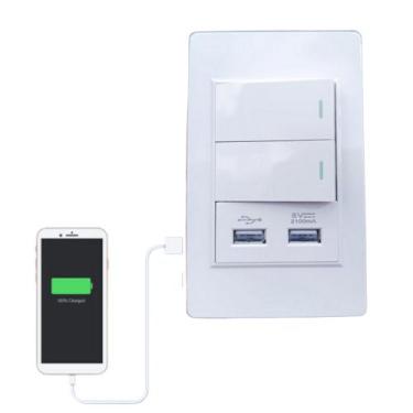 Imagem de Interruptor Tomada De Parede Duplo Com 2 Entrada Usb 2.1a 5v Bivolt Ca