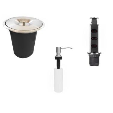 Imagem de Kit Lixeira Embutir Inox 5L + Dosador Inox + Torre de Tomada - Kazalin