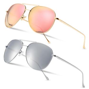 Imagem de SUNGAIT Óculos de sol aviador femininos leves e grandes - lentes polarizadas estilo clássico, Pacote com 2 (Polarizado): Ouro rosa/rosa espelhado + prata/prata espelhado, 60mm