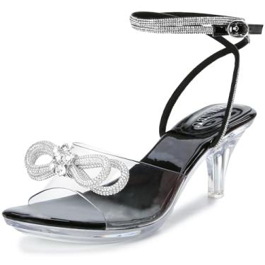 Imagem de NBUUNBU Salto feminino transparente com tiras e laço de strass - Sandálias plataforma com tira no tornozelo com salto alto transparente - Sexy Crystal Slingback Stiletto bico aberto sapatos