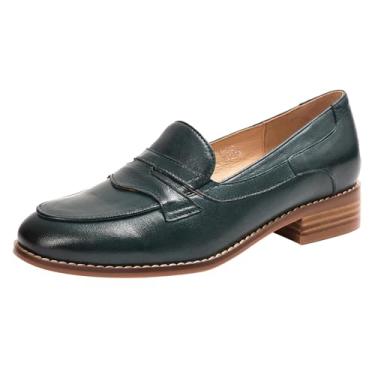 Imagem de Mona flying Sapato feminino confortável de couro, bico redondo, mocassins, casual, sem cadarço, para escritório, trabalho, Verde escuro, 35