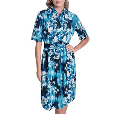 Imagem de DKNY Vestido feminino de popeline de algodão com gola 3/4 manga 3/4, azul atlântico multi, 2