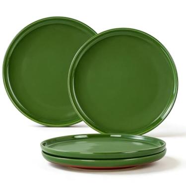 Imagem de GZG Conjunto de 4 pratos de jantar de cerâmica, pratos de grés salpicados de 26 cm com base em tom de argila, pratos grandes de cerâmica para bife, salada, pizza, forno de micro-ondas, lavável na