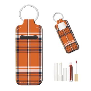 Imagem de PLKTJOSA Chaveiro de protetor labial personalizado, capa de couro reutilizável - ideia de presente de Natal (laranja azul búfalo xadrez tartan)